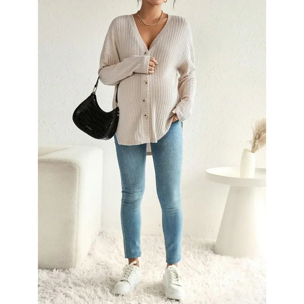 Women's Maternity Long Sleeve Ribbed Knit Button Down V Neck Fall Top Small